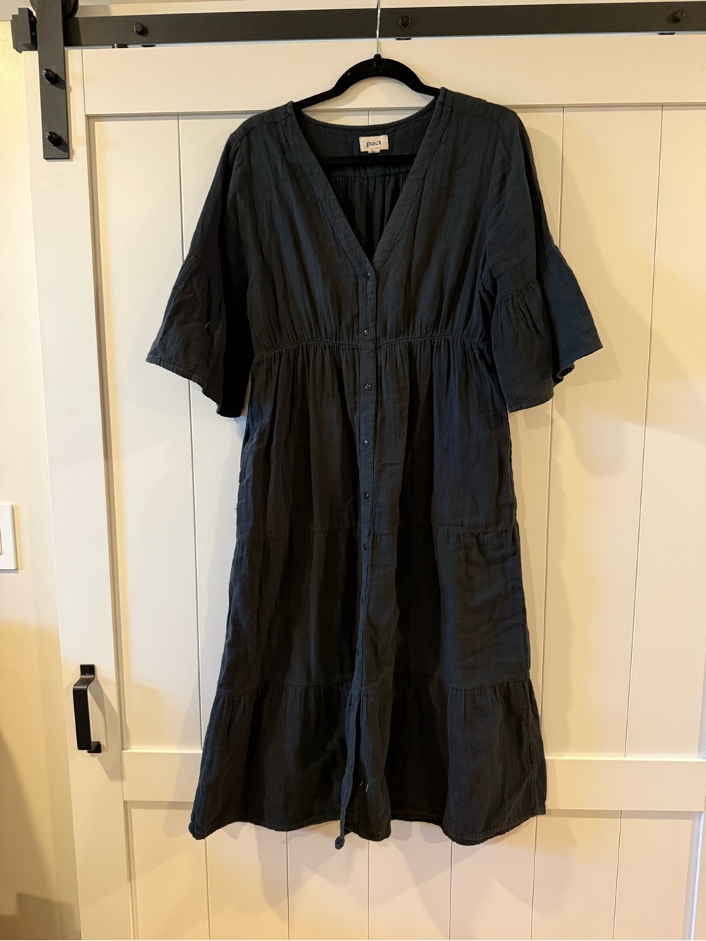 Pact Black Button-Front Tiered Midi Dress